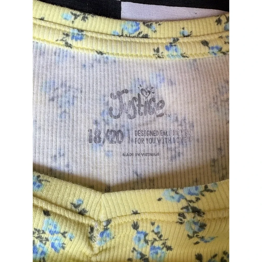 Justice Floral Ribbed Tee Yellow Blue‎ Flowers Lettuce Hem Plus Size 18/20